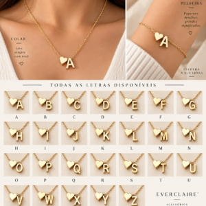 CONJUNTO CORAÇÃO - COLAR + PULSEIRA PERSONALIZÁVEIS DOURADA