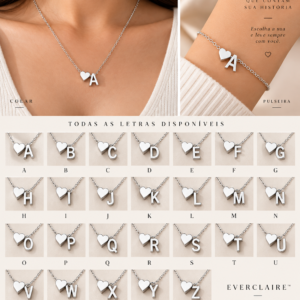 CONJUNTO CORAÇÃO - COLAR + PULSEIRA PERSONALIZÁVEIS PRATA
